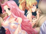  2girls 4boys blonde_hair blowjob blush censored erect_nipples fat fat_man fellatio handjob multiple_boys multiple_girls nipples oral penis pig_tails pink_hair see-through short_twintails swimsuit twintails 
