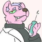  1:1 anthro bodily_fluids canid canine canis claws clothing coat digital_media_(artwork) doctor drooling eye_bags fur green_eyes hair half-closed_eyes hi_res hyaenid hybrid inner_ear_fluff lab_coat looking_at_viewer male mammal medical_instrument narrowed_eyes pink_body pink_fur red_eyes sailby saliva scientific_instrument sharp_teeth simple_background smile smirk solo sweater syringe teeth topwear tuft turtleneck turtleneck_sweater wolf 