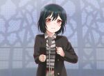  1girl belt black_hair closed_mouth cosplay eyebrows_visible_through_hair highres jan_azure long_sleeves looking_at_viewer love_live! love_live!_nijigasaki_high_school_idol_club mifune_shioriko never_gonna_give_you_up parody real_life red_eyes rick_astley rick_astley_(cosplay) shirt short_hair smile solo striped striped_shirt 