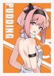  1girl :o alternate_costume arknights arm_strap back backless_outfit bare_back bare_shoulders black_hairband blush border breasts character_name facial_mark from_behind hairband highres looking_at_viewer looking_back low_ponytail meme_attire open_mouth orange_background pink_eyes pink_hair pudding_(arknights) short_hair sideboob sidelocks sleeveless small_breasts solo sweater turtleneck turtleneck_sweater two-tone_background upper_body varma virgin_killer_sweater whisker_markings white_border white_sweater 