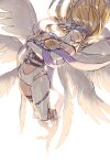  1girl absurdres angel angel_wings angewomon bare_shoulders blonde_hair breasts closed_mouth clothing_cutout commentary crossed_arms digimon digimon_(creature) elbow_gloves feathered_wings floating_hair full_body gloves hand_on_own_chest head_wings highres long_hair mask navel navel_cutout o-ring_belt purple_sash sash shiny shiny_hair simple_background single_thighhigh solo thigh_strap thighhighs tokonatu white_background white_wings wings 