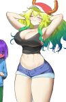  1boy 1girl =_= absurdres arms_behind_head bare_arms black_legwear black_shirt blonde_hair blue_eyes blue_shirt blue_shorts blush breasts cleavage closed_eyes closed_mouth contrapposto cowboy_shot dragon_girl dragon_horns full_body ghdwid gradient_hair green_eyes green_pants hand_on_hip hat highres horns horns_through_headwear kobayashi-san_chi_no_maidragon large_breasts long_hair looking_at_viewer lucoa_(maidragon) magatsuchi_shouta medium_hair multicolored_hair one_eye_closed open_mouth pants pink_headwear purple_eyes purple_hair shaded_face shadow shirt shorts sleeveless sleeveless_shirt smile solo sparkle tank_top thighhighs triangle_mouth very_long_hair white_background wide-eyed 