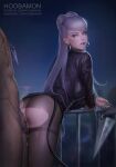  1boy abs artist_name ass biting black_jacket black_skirt breasts brown_legwear censored chain clothes_lift commentary cowboy_shot cum cum_in_pussy earrings evelynn_(league_of_legends) fingernails grey_hair head_out_of_frame hetero highres hoo_bamon hoop_earrings jacket jewelry k/da_(league_of_legends) k/da_evelynn large_breasts league_of_legends leaning_forward lip_biting long_hair looking_at_another looking_at_viewer mosaic_censoring night outdoors overflow pantyhose parted_lips railing sex sharp_fingernails shiny shiny_clothes skirt skirt_lift standing teeth torn_clothes torn_legwear vaginal 