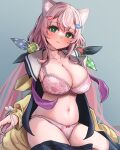  1girl animal_ear_fluff animal_ears blush bra breasts cat_ears cat_girl cleavage collarbone eyebrows_visible_through_hair highres jacket large_breasts long_hair looking_at_viewer low_twintails midriff mori_(pepekataokapepe) navel nijisanji nijisanji_kr panties pink_bra pink_hair pink_panties sailor_collar sitting smile solo twintails underwear very_long_hair virtual_youtuber yang_nari yellow_jacket 