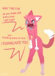  ambiguous_gender anthro bodily_fluids dialogue domestic_cat english_text felid feline felis fur hydrabb looking_mad mammal nude pink_body pink_fur solo tears text yelling 