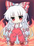  1girl bangs bow chibi closed_mouth eyebrows_visible_through_hair fire fujiwara_no_mokou full_body grey_hair hair_bow hands_in_pockets highres juliet_sleeves long_hair long_sleeves looking_at_viewer multiple_bows ofuda ofuda_on_clothes pants puffy_sleeves ramudia_(lamyun) red_eyes red_pants shirt solo standing suspenders touhou twitter_username white_shirt 