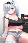  1girl animal_ears arknights aurora_(arknights) bear_ears black_hairband black_shirt blue_eyes breasts cleavage collarbone crop_top cup disposable_cup extra_ears grey_shorts hair_over_one_eye hairband hand_on_own_stomach highres kasasasagi large_breasts long_hair looking_at_viewer navel open_fly shadow shirt shorts sitting solo strap_slip takeout_container thighhighs twitter_username very_long_hair white_background white_hair white_legwear 
