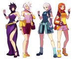  4girls alternate_costume artist_name bag bangs bare_shoulders blue_eyes breasts clothes_around_waist diana_(league_of_legends) dress full_body hands_up highres holding holding_poke_ball jacket kayle_(league_of_legends) league_of_legends leona_(league_of_legends) medium_breasts morgana_(league_of_legends) multiple_girls off-shoulder_dress off_shoulder parted_bangs pink_shorts poke_ball pokemon purple_dress purple_eyes shoes short_shorts short_sleeves shorts shoulder_bag siblings sisters smile socks standing strapless strapless_dress sun_print sweater sweater_around_waist teeth v vmat white_shorts yellow_eyes yellow_footwear yellow_jacket 
