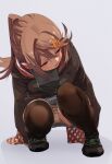  1girl black_legwear blush breasts brown_eyes brown_hair denim denim_skirt fu-ta hair_ornament hairclip highres jacket long_hair open_mouth original panties pantyshot ponytail skirt solo squatting striped striped_panties teeth thighhighs underwear usami_taiga 