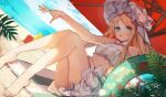  1girl abigail_williams_(fate) abigail_williams_(swimsuit_foreigner)_(fate) bangs bare_shoulders beach beach_umbrella bikini blonde_hair blue_eyes bow breasts chinese_commentary cloud day fate/grand_order fate_(series) forehead frilled_bikini frills hair_bow highres innertube light long_hair looking_at_viewer ocean outdoors palm_tree parted_bangs shore sidelocks sitting sky small_breasts solo sunlight swimsuit tree twintails type-moon umbrella very_long_hair water weibo_logo weibo_username white_bikini white_bow white_headwear white_swimsuit yakumo_1041624199 