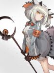  1girl absurdres arknights armband dress feet_out_of_frame goggles goggles_around_neck grey_hair grey_jacket head_tilt highres holding holding_staff jacket looking_at_viewer ojisan_kamo_shiremasen open_clothes open_jacket orange_eyes owl_ears ptilopsis_(arknights) rhine_lab_logo short_hair simple_background solo staff white_background white_dress 