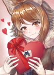  1girl absurdres animal_ears blush box brown_eyes brown_hair closed_mouth eyebrows_visible_through_hair fang fang_out gift gloves grey_hair grey_wolf_(kemono_friends) heart heart-shaped_box highres holding holding_gift italian_wolf_(kemono_friends) kemono_friends lips long_hair long_sleeves looking_at_viewer multicolored_hair neukkom red_ribbon ribbon skin_fang smile solo white_gloves wolf_ears wolf_girl 