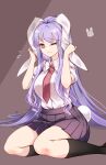  1girl ;| animal_ears arms_up bangs black_legwear blush brown_background closed_mouth collared_shirt eyebrows_visible_through_hair eyelashes feet_out_of_frame flying_sweatdrops furrowed_brow highres holding_ears knees light_purple_hair lips long_hair looking_at_viewer miniskirt necktie one_eye_closed pleated_skirt puffy_short_sleeves puffy_sleeves purple_skirt rabbit_ears rabbit_tail raptor7 red_eyes red_necktie reisen_udongein_inaba shiny shiny_hair shirt short_sleeves simple_background sitting skirt socks solo symbol-only_commentary tail touhou very_long_hair wavy_mouth white_shirt wing_collar yokozuwari 