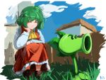 ^_^ ascot breasts brown_footwear closed_eyes collared_shirt commentary_request danlamdae frilled_skirt frills grass green_hair happy kazami_yuuka long_skirt long_sleeves medium_breasts open_clothes open_vest plants_vs_zombies red_skirt red_vest repeater_(pvz) shirt skirt smile touhou vest white_shirt yellow_ascot 