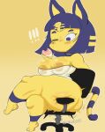  animal_crossing ankha_(animal_crossing) anthro areola big_breasts bite_mark blue_eyes blue_hair blush bodily_fluids breasts butt butt_expansion chair clothed clothing crossed_legs domestic_cat eating english_text exclamation_point expansion felid feline felis female food fruit furniture hair hi_res huge_thighs mammal markings nintendo nipple_slip nipples office_chair one_eye_closed onomatopoeia peach_(fruit) plant purple_yoshi_draws sitting solo sound_effects sweat text thick_thighs translucent translucent_clothing video_games wide_hips yellow_body yellow_nipples 