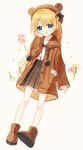  1girl :d animal_ears animal_hat bear_ears bear_hat beret black_bow black_skirt blonde_hair blue_eyes boots bow brown_background brown_footwear brown_headwear brown_jacket candy collared_shirt dress_shirt flower flower_girl_(yuuhagi_(amaretto-no-natsu)) food full_body hat hat_bow hood hood_down hooded_jacket jacket lollipop long_hair long_sleeves looking_at_viewer open_clothes open_jacket original pink_flower pleated_skirt shirt shoe_soles simple_background skirt sleeves_past_wrists smile solo sparkle swirl_lollipop very_long_hair white_flower white_shirt yuuhagi_(amaretto-no-natsu) 