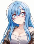  1girl absurdres bespectacled blue_eyes blue_hair breasts camisole chromatic_aberration cleavage collarbone elie_wayne glasses highres jan_azure large_breasts long_hair off_shoulder original plaid plaid_shirt red-framed_eyewear semi-rimless_eyewear shirt sidelocks solo under-rim_eyewear upper_body 