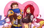  1boy 1girl ahoge armor bangs blue_scarf blush book breasts brown_gloves cat cleavage cowboy_shot garen_(league_of_legends) gloves heart katarina_(league_of_legends) league_of_legends looking_at_another navel open_book open_mouth pushing red_hair scarf shoulder_armor sitting smile sweat upper_body vmat yuumi_(league_of_legends) 