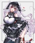  azur_lane black_corset black_dress black_footwear black_headwear black_ribbon boots breasts clothing_cutout collared_dress corset cross dress elbe_(azur_lane) eyebrows_visible_through_hair fang frilled_dress frills hair_between_eyes hair_ribbon hat heart iron_cross kneeling large_breasts layered_dress leotard looking_at_viewer multicolored_hair open_mouth peaked_cap red_armband ribbon rudder_footwear sakurai_(skri_3527) shoulder_cutout simple_background skin_fang skirt_hold smile streaked_hair thigh_boots thighhighs twintails twitter_username underboob_cutout white_background white_leotard 