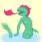  anthro anthrofied breasts breath_powers earthbound_(series) elemental_manipulation eyeless female fire fire_breathing fire_manipulation fours_(artist) green_body green_skin hair hi_res kraken_(earthbound) nintendo red_hair reptile scalie small_breasts snake solo video_games 