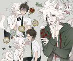  !? 2boys :d bangs bow brown_hair cat_boy cat_tail closed_eyes collarbone collared_shirt danganronpa_(series) danganronpa_2:_goodbye_despair ear_bow facing_another flying_sweatdrops green_jacket green_necktie grey_background hair_between_eyes hand_up happy hinata_hajime hood hood_down jacket komaeda_nagito long_sleeves looking_at_another lower_teeth multiple_boys necktie open_clothes open_jacket pink_bow pink_skirt pleated_skirt ppap_(11zhakdpek19) print_shirt shaded_face shirt short_hair simple_background skirt smile speech_bubble tail teeth thinking thought_bubble tongue translation_request upper_body usami_(danganronpa) white_hair white_shirt wings yaoi 