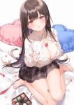  bed black_hair blush breast_hold breasts cleavage ears hair_ornament hairpin highres huge_breasts kurasawa_moko large_breasts long_hair open_clothes open_mouth open_shirt original pillow pink_eyes sitting skirt valentine very_long_hair 