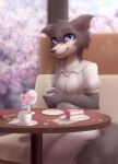  2022 5_fingers anthro beastars bloominglynx blue_eyes book cafe cake candy canid canine canis chocolate clothed clothing container cup dessert detailed_background female fingers food furniture hi_res holding_cup holding_object ice_cream juno_(beastars) looking_at_viewer mammal plate sakura signature sitting smile solo table wolf 