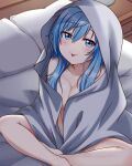  1girl absurdres blanket blue_eyes blue_hair blush breasts cleavage closed_mouth collarbone elie_wayne eyebrows_visible_through_hair highres jan_azure large_breasts long_hair looking_at_viewer nude original pillow smile solo tongue tongue_out 