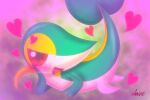  2022 3_fingers agent_0730 big_eyes blush digital_drawing_(artwork) digital_media_(artwork) featureless_chest female feral fingers green_body hi_res holidays lying nintendo open_mouth pok&eacute;mon pok&eacute;mon_(species) smile snivy solo tongue valentine&#039;s_day video_games yellow_body 