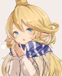  1girl :o blonde_hair blue_eyes blue_scarf blush charlotta_(granblue_fantasy) cold commentary_request crown eyebrows_visible_through_hair granblue_fantasy grey_background hair_between_eyes harvin highres long_hair looking_at_viewer mote_max pointy_ears scarf simple_background solo striped striped_scarf upper_body 