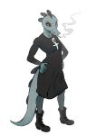  2022 absurd_res ankh anthro bea_santello boots cigarette clothed clothing crocodilian female footwear hi_res long_tail mervvin night_in_the_woods reptile scalie simple_background smoke smoking solo standing video_games white_background 