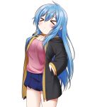  &gt;_&lt; 1girl :&lt; absurdres blue_hair blush breasts cleavage closed_eyes closed_mouth eyebrows_visible_through_hair facing_away highres jan_azure large_breasts long_hair long_sleeves original pink_tank_top solo stretch tank_top 