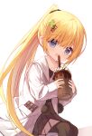  1girl :d bangs black_legwear blonde_hair blue_eyes blush brown_shirt brown_skirt candy chocolate chocolate_bar clover_hair_ornament collared_shirt cup drinking_straw eyebrows_visible_through_hair feet_out_of_frame flower_girl_(yuuhagi_(amaretto-no-natsu)) food four-leaf_clover_hair_ornament hair_between_eyes hair_ornament hairclip holding holding_cup jacket long_hair looking_at_viewer open_clothes open_jacket original pantyhose pleated_skirt ponytail shirt skirt smile solo very_long_hair white_background white_jacket x_hair_ornament yuuhagi_(amaretto-no-natsu) 