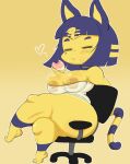  &lt;3 animal_crossing ankha_(animal_crossing) anthro areola big_breasts bite_mark blue_hair breasts chair clothed clothing crossed_legs domestic_cat eating eyes_closed felid feline felis female food fruit furniture hair hi_res huge_thighs mammal markings nintendo nipple_slip nipples office_chair peach_(fruit) plant purple_yoshi_draws sitting solo thick_thighs translucent translucent_clothing video_games wide_hips yellow_body yellow_nipples 