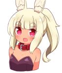  1girl :d animal_ear_fluff animal_ears bare_shoulders blonde_hair blush breasts collar collarbone commentary_request cropped_torso dark-skinned_female dark_skin heart heart-shaped_pupils highres leotard long_hair looking_at_viewer masurao_2_(sekaiju) naga_u ponytail purple_leotard rabbit_ears red_collar red_eyes sekaiju_no_meikyuu sekaiju_no_meikyuu_5 short_eyebrows sidelocks simple_background small_breasts smile solo strapless strapless_leotard symbol-shaped_pupils thick_eyebrows upper_body white_background 