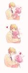  1boy 1girl absurdres blonde_hair blush closed_eyes hand_on_another&#039;s_head heart highres hug long_sleeves looking_at_another momomo_(m0_3) necktie ootori_emu open_mouth pink_hair pink_sweater project_sekai sailor_collar school_uniform short_hair simple_background sweater tenma_tsukasa white_sailor_collar yellow_sweater 