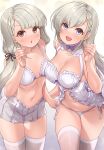  2girls :d :o babydoll bangs bare_shoulders black_ribbon blue_bow blue_bowtie blue_eyes blush bow bowtie braid breasts brown_eyes cleavage cowboy_shot eyebrows_visible_through_hair front_slit gradient gradient_background grey_background grey_skirt hair_ribbon handjob_gesture highres hisakawa_hayate hisakawa_nagi idolmaster idolmaster_cinderella_girls large_breasts long_hair looking_at_viewer low_twintails miniskirt mk_(mod0) motion_lines multiple_girls navel open_mouth panties ribbon siblings side-tie_panties silver_hair sisters skindentation skirt small_breasts smile stomach thigh_gap twins twintails underwear underwear_only very_long_hair white_panties white_ribbon 