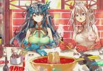  1326496175 1girl 3girls :o arknights arm_tattoo bead_bracelet beads black_hair black_skin bracelet braid breasts china_dress chinese_clothes chopsticks colored_skin dragon_horns dress dusk_(arknights) dusk_(everything_is_a_miracle)_(arknights) food green_dress green_hair green_skin hair_between_eyes highres holding holding_chopsticks horns hotpot indoors jewelry ling_(arknights) long_hair medium_breasts multicolored_hair multiple_girls nian_(arknights) nian_(unfettered_freedom)_(arknights) official_alternate_costume pointy_ears pov purple_eyes red_hair red_skin siblings sisters sitting sleeveless sleeveless_dress steam streaked_hair tattoo white_dress white_hair yellow_eyes 