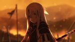 1girl battlefield blood blood_on_face blurry blurry_background crazy_eyes fate/grand_order fate_(series) fire green_eyes kibou long_hair nagao_kagetora_(fate) polearm signature smile spear weapon white_hair 