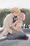  1boy 1girl absurdres blonde_hair blue_pants blurry blurry_background bush face-to-face grey_shirt hands_on_another&#039;s_head highres momomo_(m0_3) neckerchief necktie ootori_emu open_mouth outdoors pants pink_eyes pink_hair project_sekai red_neckerchief sailor_collar school_uniform shirt shirt_tucked_in short_sleeves sitting tenma_tsukasa white_legwear white_sailor_collar white_shirt 