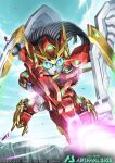  absurdres black_hair blue_eyes colored_sclera firing glowing glowing_eyes green_sclera gun gundam gundam_arsenal_base gundam_build_divers gundam_build_divers_re:rise highres holding holding_gun holding_weapon mecha mobile_suit no_humans official_art science_fiction sky solo tonami_kanji v-fin valkylander weapon wings 