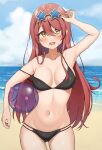  1girl :d absurdres ball beach beachball bikini black_bikini blue_sky blush breasts breasts_apart cloud cowboy_shot highres holding holding_eyewear horizon idolmaster idolmaster_shiny_colors large_breasts long_hair looking_at_viewer midriff navel oosaki_tenka outdoors red_hair skindentation sky smile solo star-shaped_eyewear straight_hair strap_slip sweatdrop swimsuit very_long_hair wanimaru yellow_eyes 