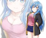  &gt;_&lt; 1girl :&lt; absurdres blue_hair blush breasts cleavage closed_eyes closed_mouth collarbone elie_wayne eyebrows_visible_through_hair facing_away highres jan_azure large_breasts long_hair long_sleeves looking_at_viewer original pink_tank_top solo stretch tank_top 
