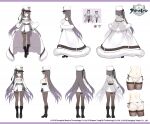  1girl ass azur_lane black_footwear boots buttons byulzzi cape character_sheet double-breasted fur_trim grey_hair highres long_hair multiple_views navel one_side_up pamiat_merkuria_(azur_lane) panties pink_eyes retrofit_(azur_lane) side-tie_panties thighhighs underwear variations very_long_hair white_cape white_headwear white_panties 