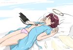  arknights bed doctor doctor_(arknights) doctorlover93 examination exusiai_(arknights) hospital hospital_bed hospital_gown infirmary lying navel on_bed panties red_hair self_upload short_hair stethoscope underwear upper_body 
