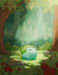  bulbasaur bush closed_eyes closed_mouth commentary day fang fang_out flower forest grass highres light_rays nature no_humans outdoors pokemon pokemon_(creature) red_flower rock smile solo teletelo tree watermark 
