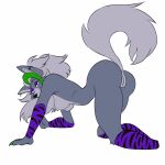  animated anthro breasts butt canid canine canis claws clothing digital_media_(artwork) ear_piercing female five_nights_at_freddy&#039;s five_nights_at_freddy&#039;s:_security_breach fur genitals green_hair grey_body grey_fur grey_hair hair hi_res looking_at_viewer mammal nipples nude piercing ramerooni roxanne_wolf_(fnaf) scottgames simple_background smile solo video_games wolf 
