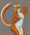  alicethedeer anthro blonde_hair felid female fluffy fluffy_tail fur genitals green_eyes hair hi_res licking licking_lips looking_at_viewer lunar_new_year mammal nipples nude orange_body orange_fur pantherine pussy shaded solo tiger tongue tongue_out white_body white_fur 