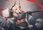  1girl :d arknights bare_shoulders black_gloves breasts earrings eyebrows_behind_hair glint gloves gradient gradient_background grey_background hair_ornament hammer holding holding_hammer holding_weapon horns jewelry large_breasts long_hair long_sleeves looking_at_viewer mudrock_(arknights) navel off_shoulder open_clothes open_mouth oripathy_lesion_(arknights) over_shoulder pointy_ears red_eyes rock shir_l1 silver_hair smile solo sports_bra upper_body weapon weapon_over_shoulder 