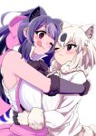 2girls :q animal_ear_fluff animal_ears arm_around_shoulder bangs bare_arms bare_shoulders bear_ears bear_girl bear_tail bergman&#039;s_bear_(kemono_friends) black_hair blush bow bowtie breast_press breasts closed_mouth collared_shirt colored_inner_hair empty_eyes extra_ears eye_contact eyebrows_visible_through_hair face-to-face fur-trimmed_sleeves fur_bracelet fur_collar fur_trim gloves grey_hair hair_between_eyes hair_bow hand_on_another&#039;s_waist height_difference high-waist_skirt high_collar high_ponytail highres hug huge_bow huge_breasts kemono_friends long_hair long_sleeves looking_at_another mamiyama medium_hair multicolored_hair multiple_girls neck_ribbon one_eye_closed polar_bear_(kemono_friends) purple_eyes ribbon shirt sidelocks simple_background skirt sleeveless sleeveless_shirt smile suspender_skirt suspenders sweater swept_bangs symmetrical_docking tail tongue tongue_out two-tone_hair white_background white_hair white_shirt 